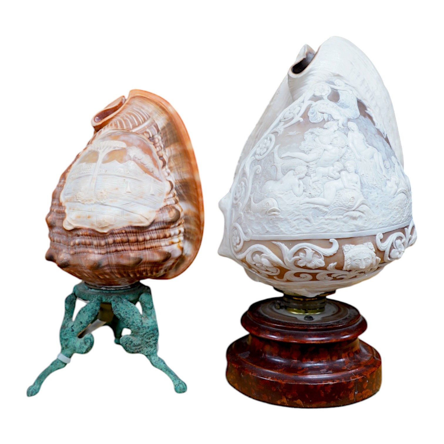 Two carved cameo shell electric lamps, tallest 25cm. Condition - good